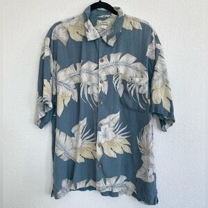 Tommy Bahama Men's XL Blue Hawaiian Palm Leaves Print Button Down 100% Silk